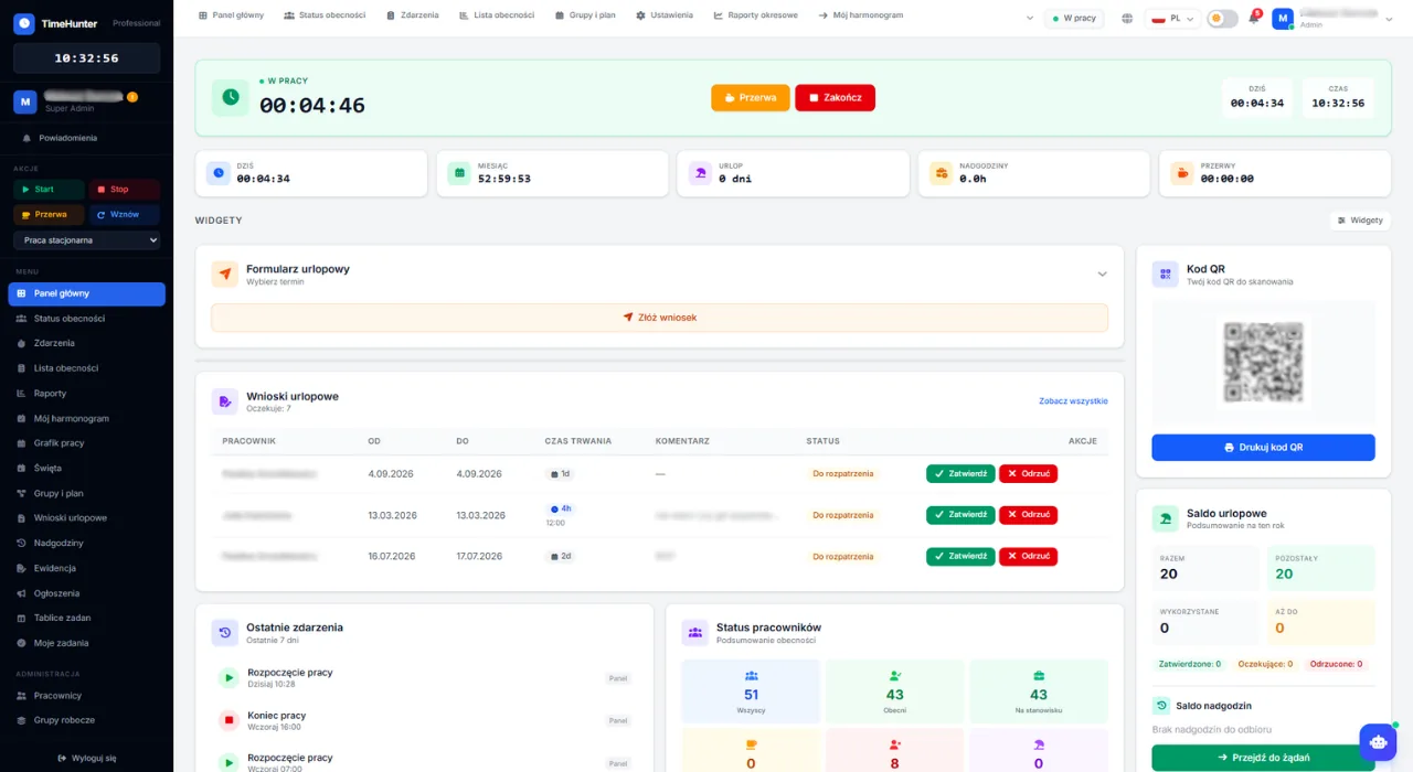 System ewidencji czasu pracy online — panel główny TimeHunter z listą obecności i statystykami